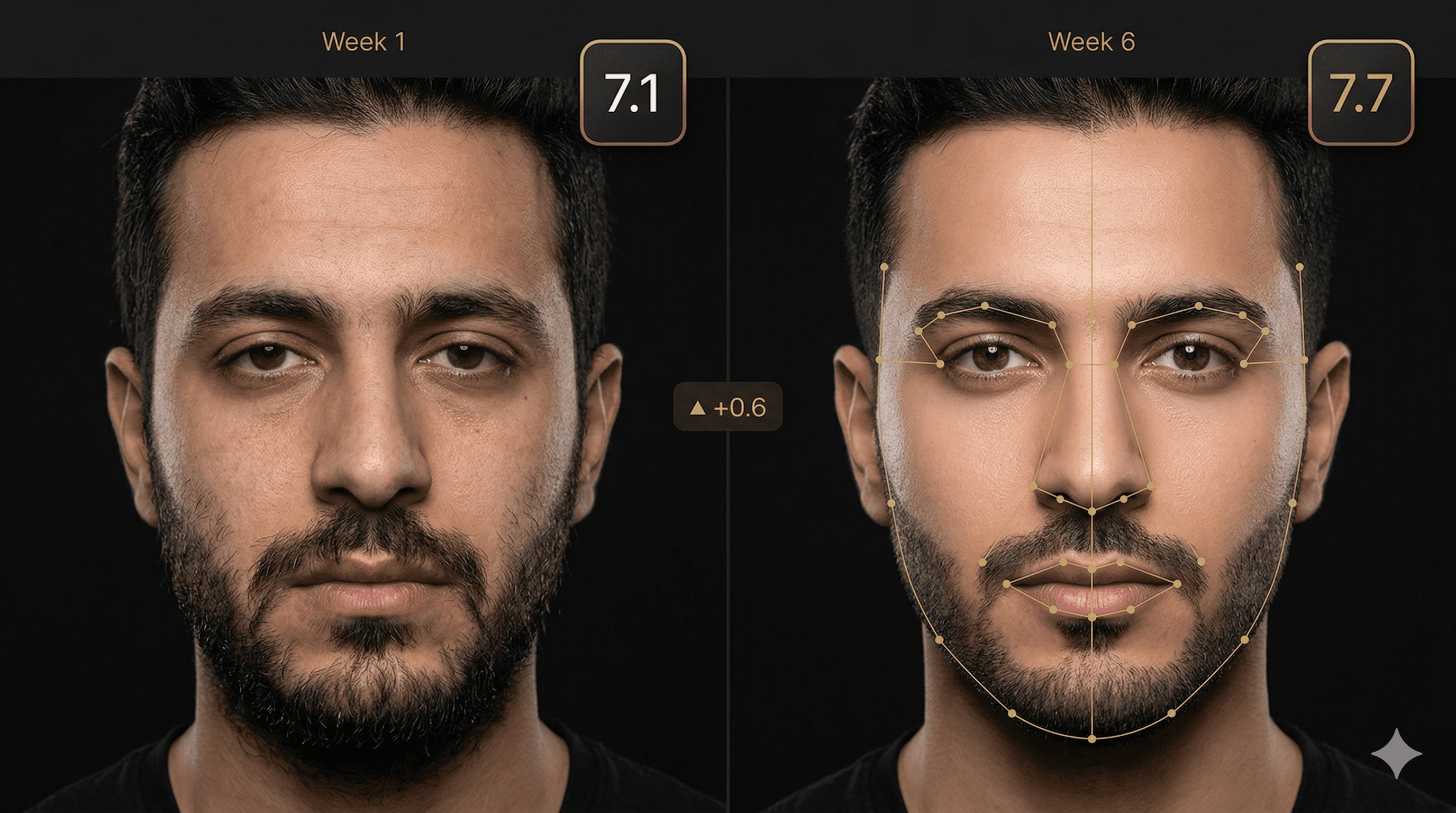 Arab man diptych showing week 1 versus week 6 with delta score