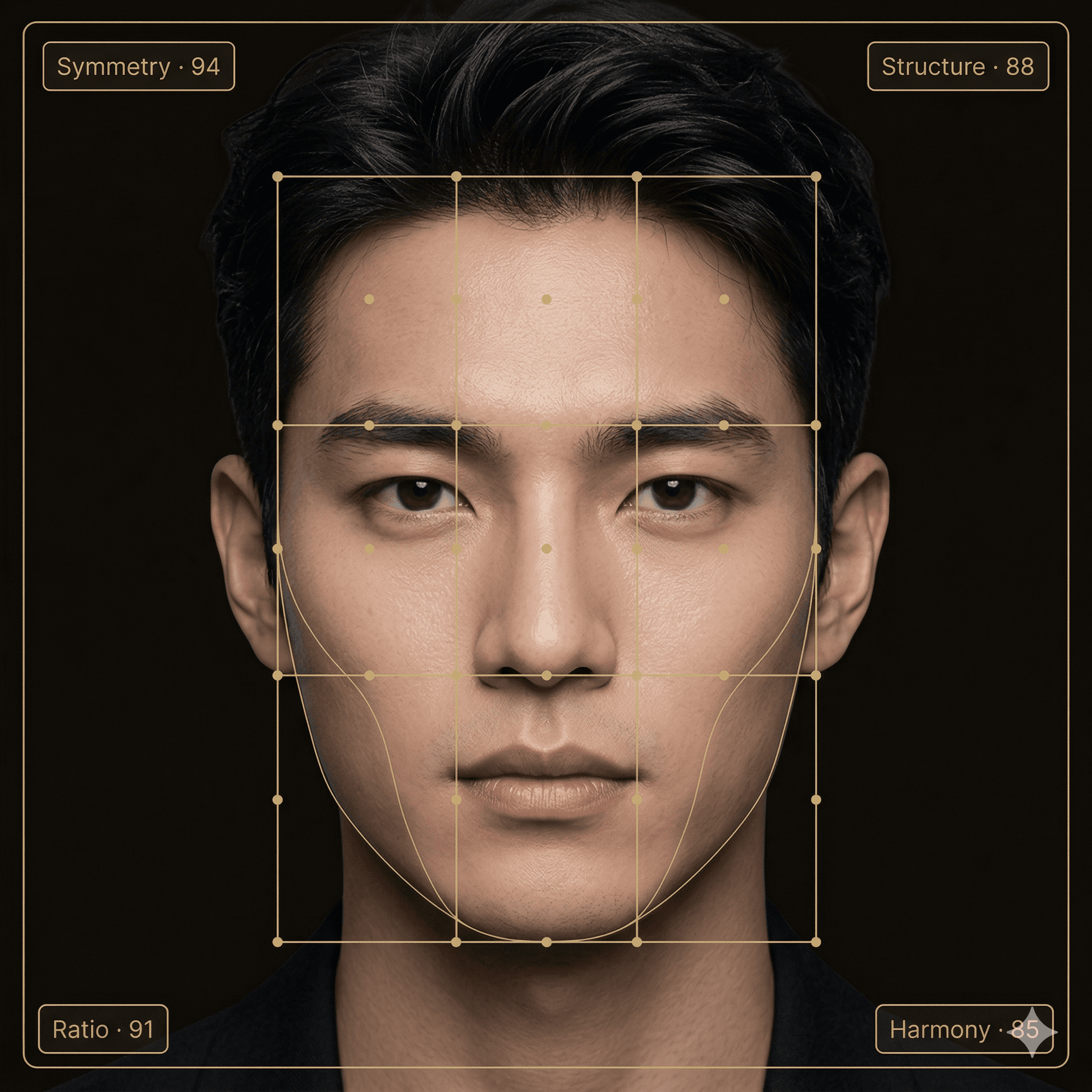 Korean man with measurement grid and score readouts